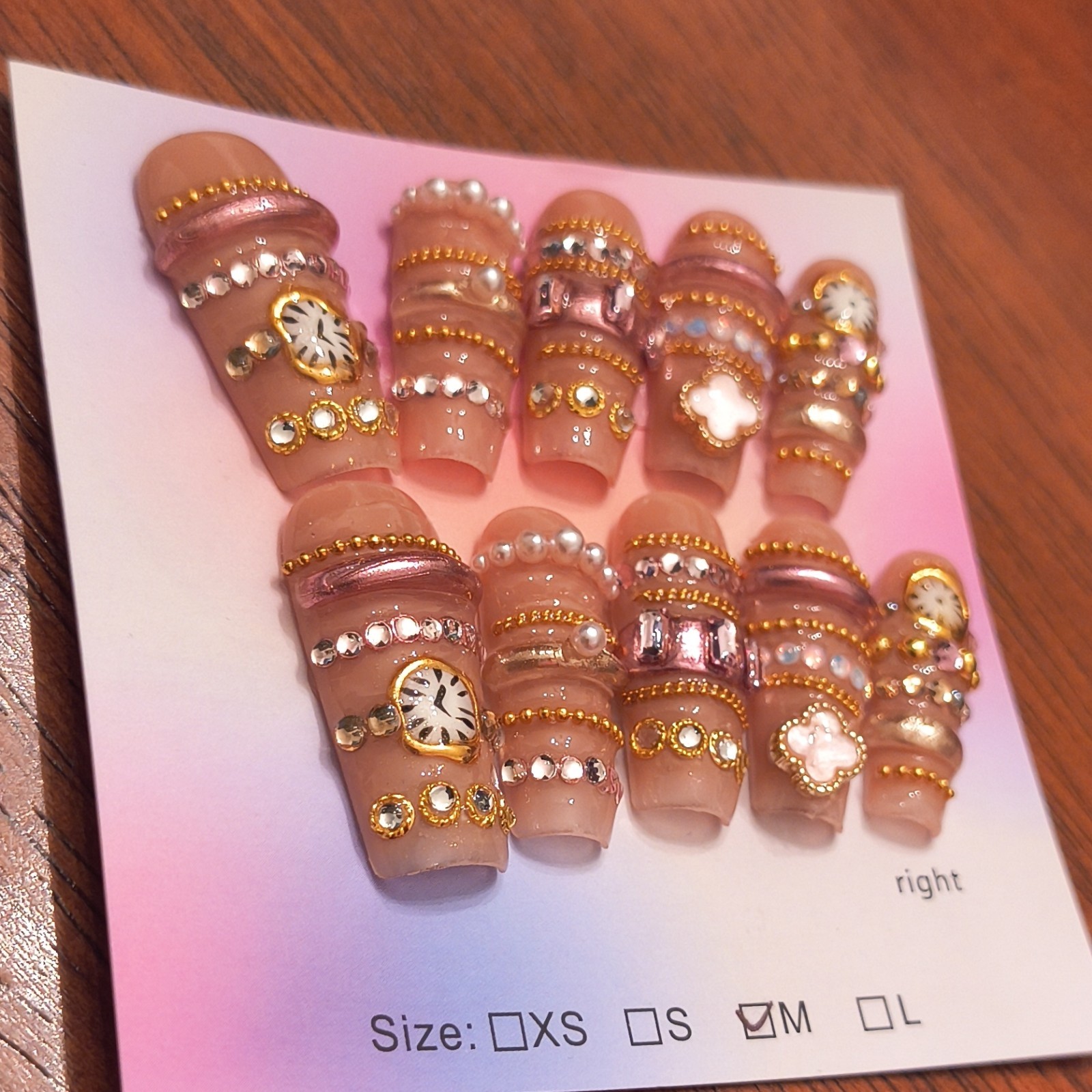 Press-On Nails Medium Square Nude Gold Pink 3D Clock Full Cover Pre-Designed Med