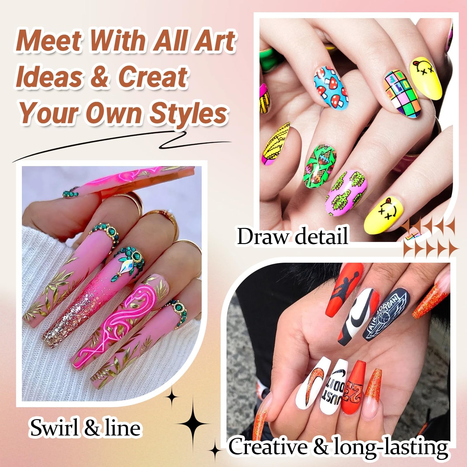 Double-Ended Acrylic Nail Art Liner Brushes, 6Pcs Gel Polish Black