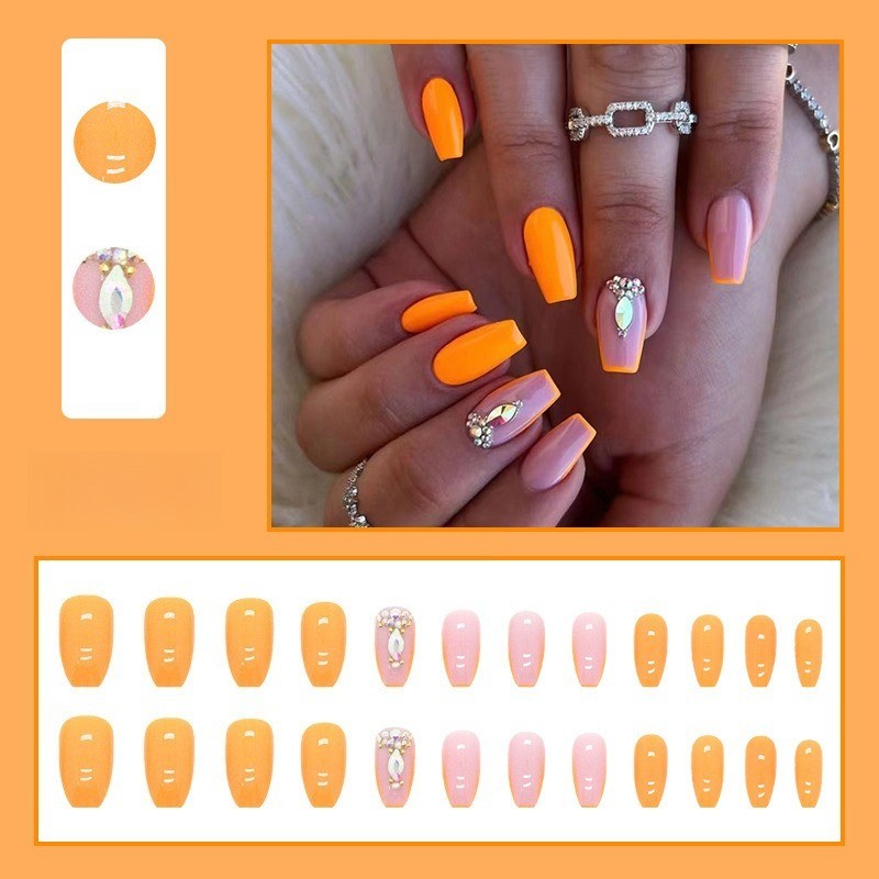 48Pcs-Orange Pink Two-tone Teardrop Rhinestone Medium Coffin Press on Nails