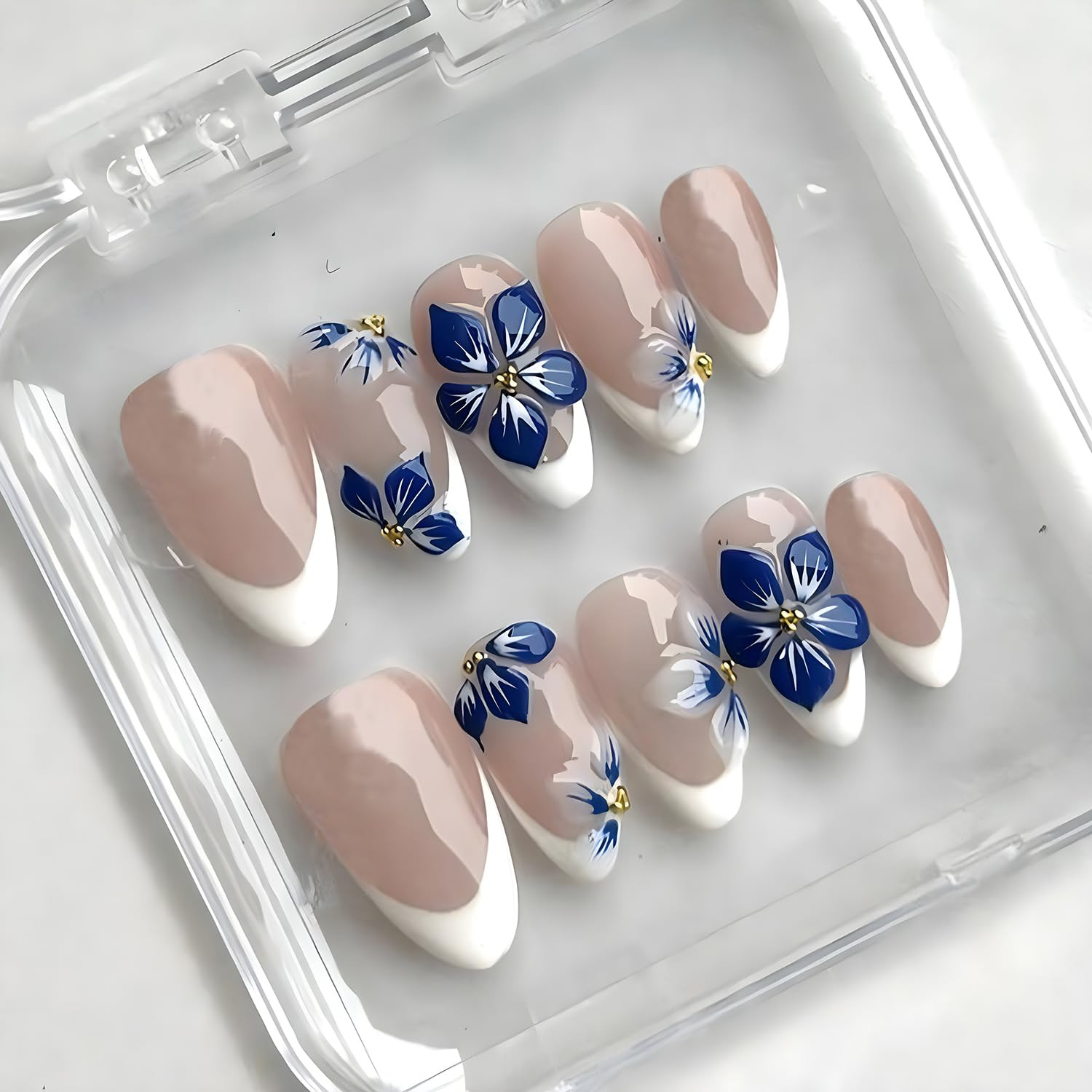 24Pcs White French Tip Press on Nails Short Almond Fake Nails with 3D Gold Beads