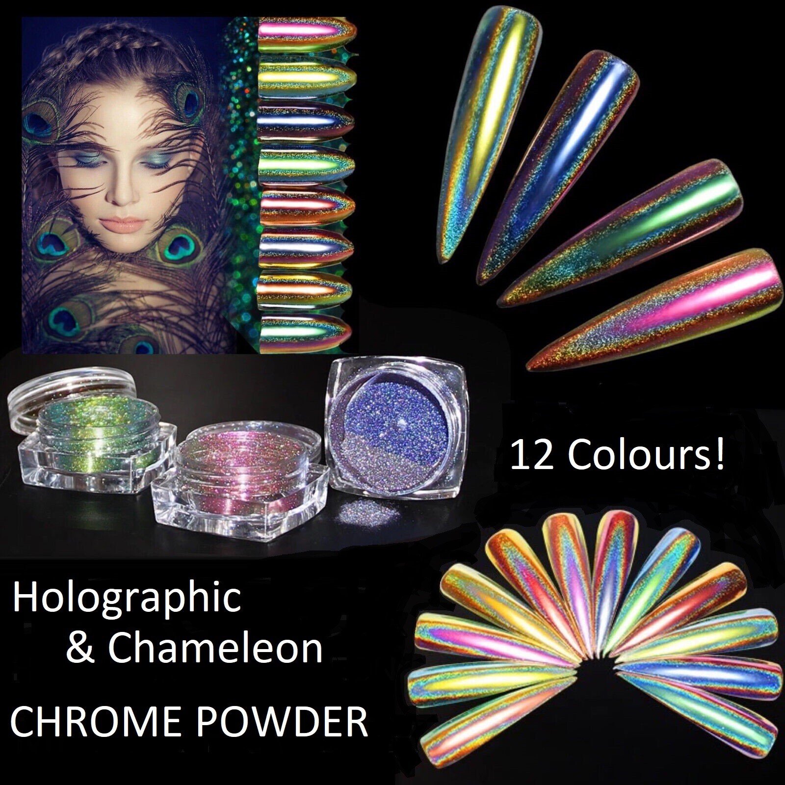 NEW CHAMELEON PEACOCK 12 colours HOLOGRAPHIC Nail Art Powder Nails Mirror Chrome