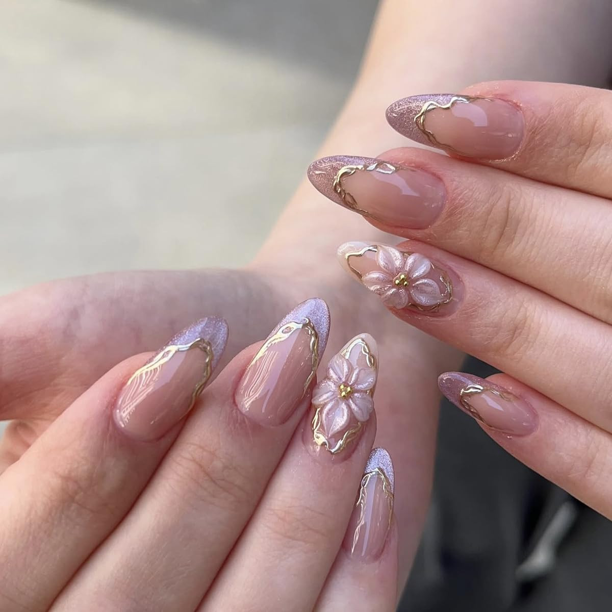 Purple Cat Eye French Tip Press on Nails Almond 3D Gold & Flowers | Medium Gloss