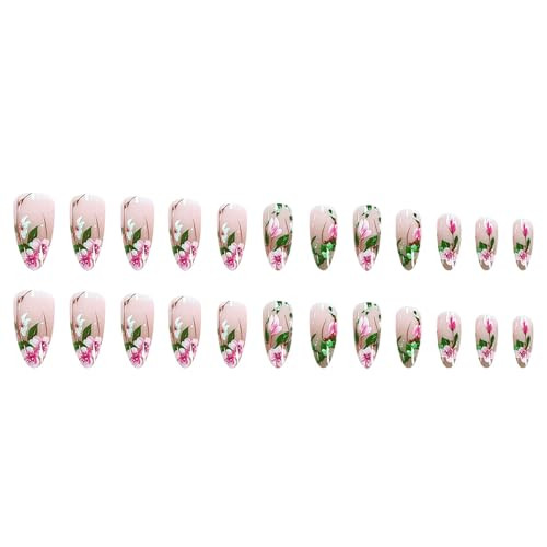 24Pcs Almond Shaped Press on Nails Flower Fake Nails Medium Length Glue on