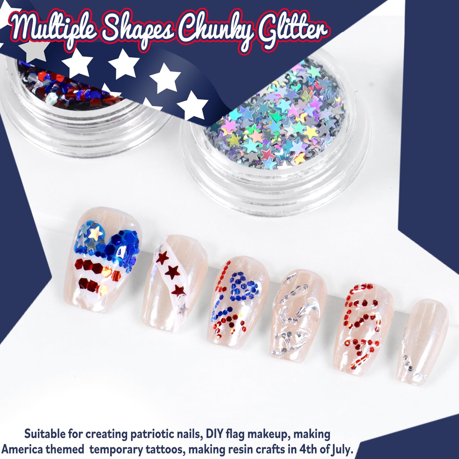 Nail Glitter 4Pcs Holographic America’s Patriotic Nail Art Glitter Sparkly Re…