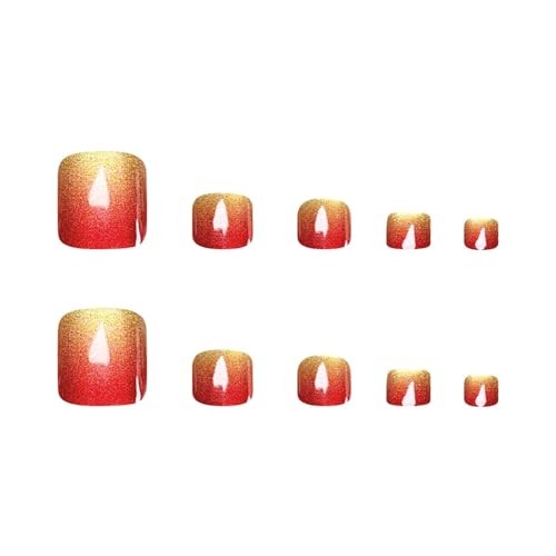 Red Ombre Cat Eye Press on Toenails Short Square Fake Toe Nails Glitter TOE-15