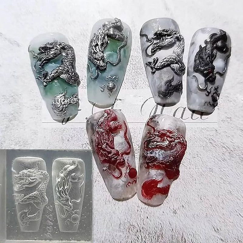 Dragon Silicone Nail Carving Moulds Snake Stamping Stencils Nail Art Epoxy Resin