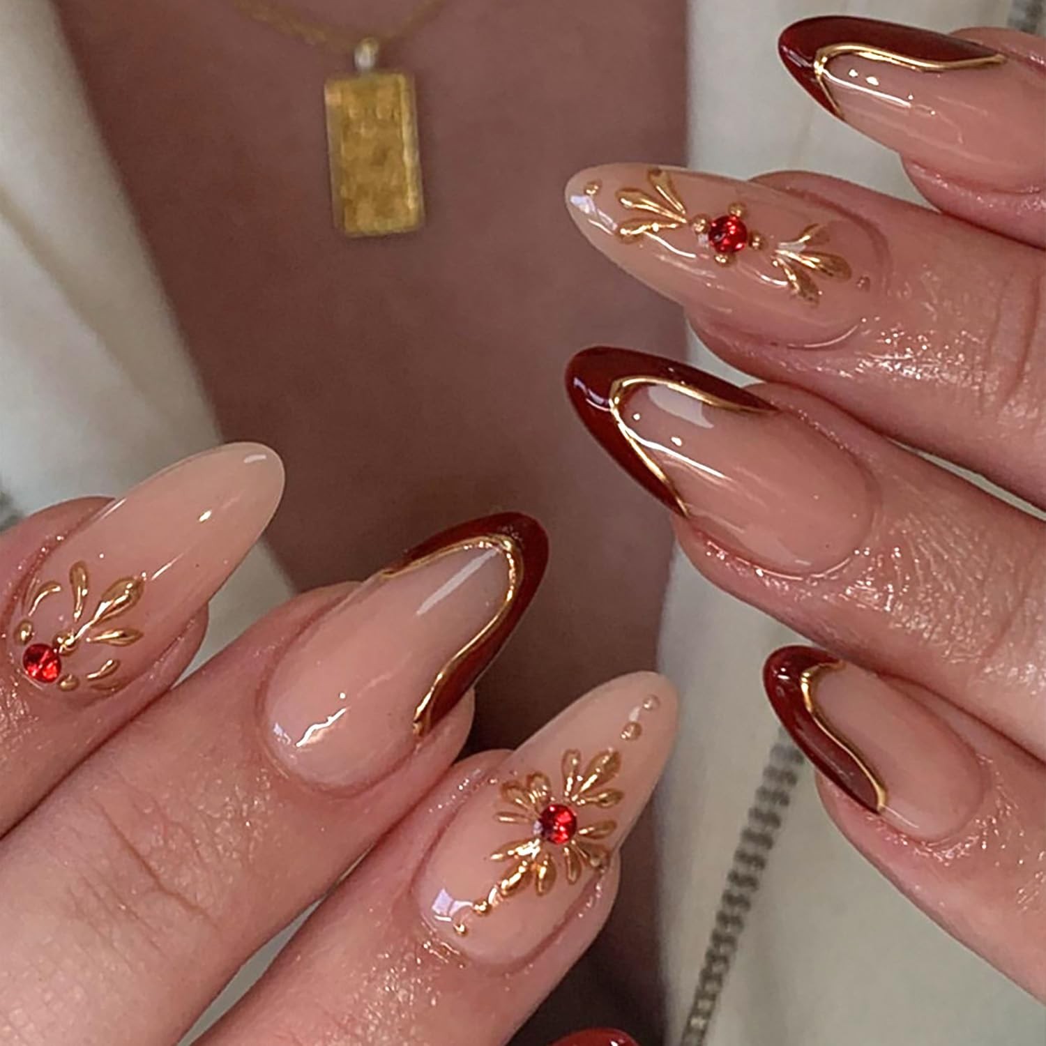 24Pcs Red French Tip Press on Nails Medium Almond Acrylic False Nails with Go…