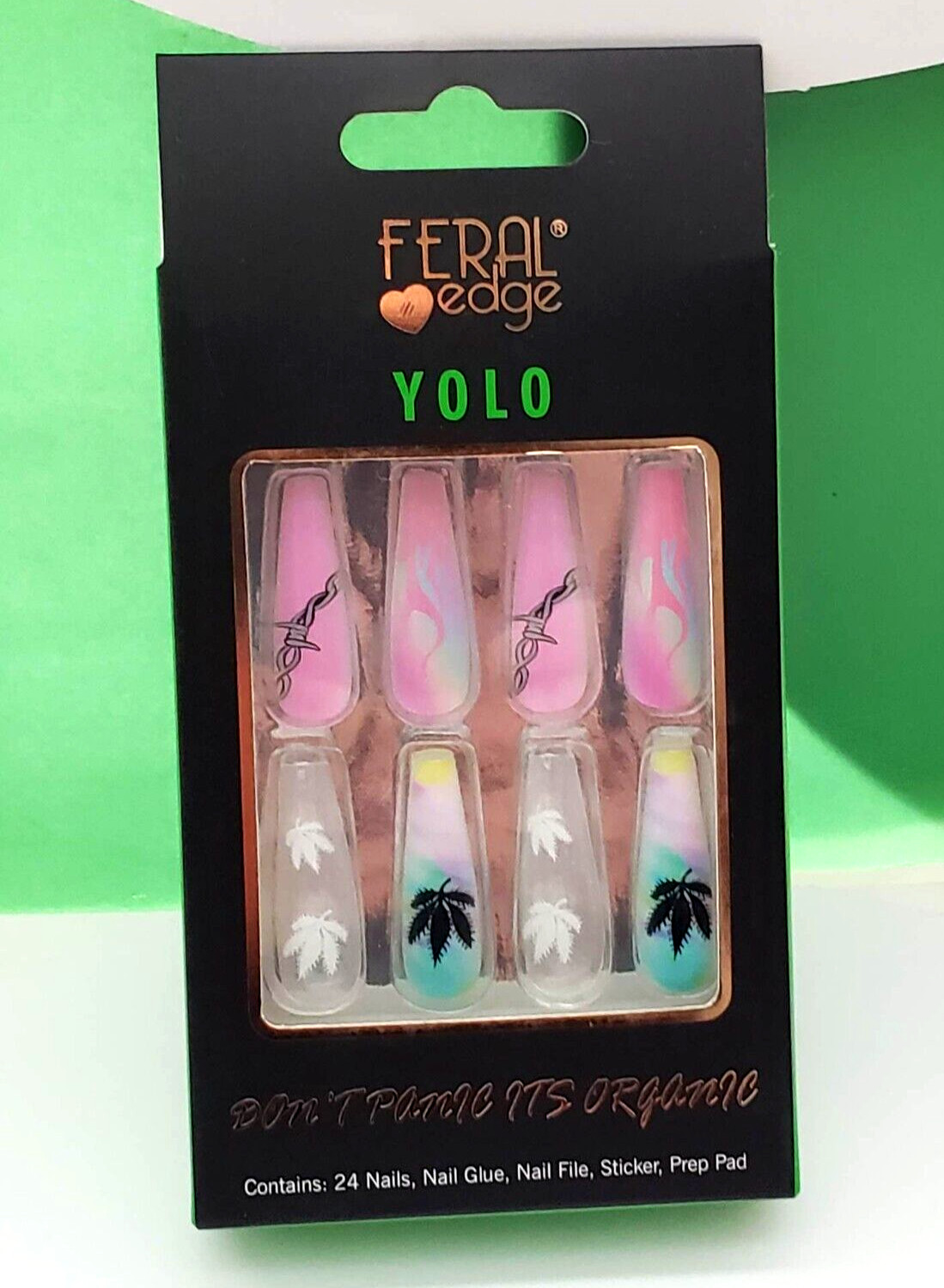 YOLO MULTY PINK CLEAR LEAF COMBO LONG NAIL SET Contains 24 Nail + Glue