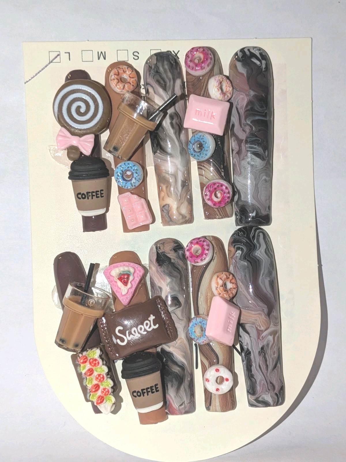 Hand Crafted 3Xl Java Marble Brown & Pink 3D Dessert Press-On Nails Sz Large