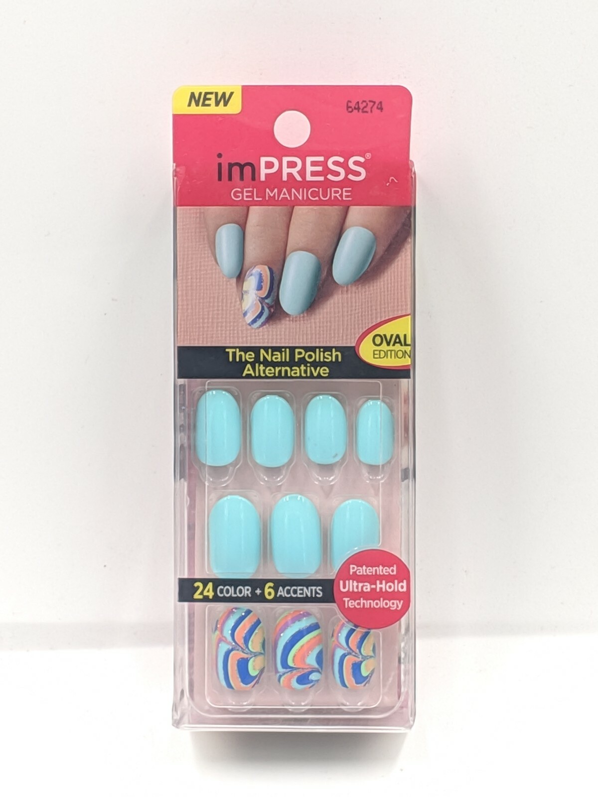 KISS imPRESS One-step Gel Manicure 24 Nails includes 6 Accents Oval Teal