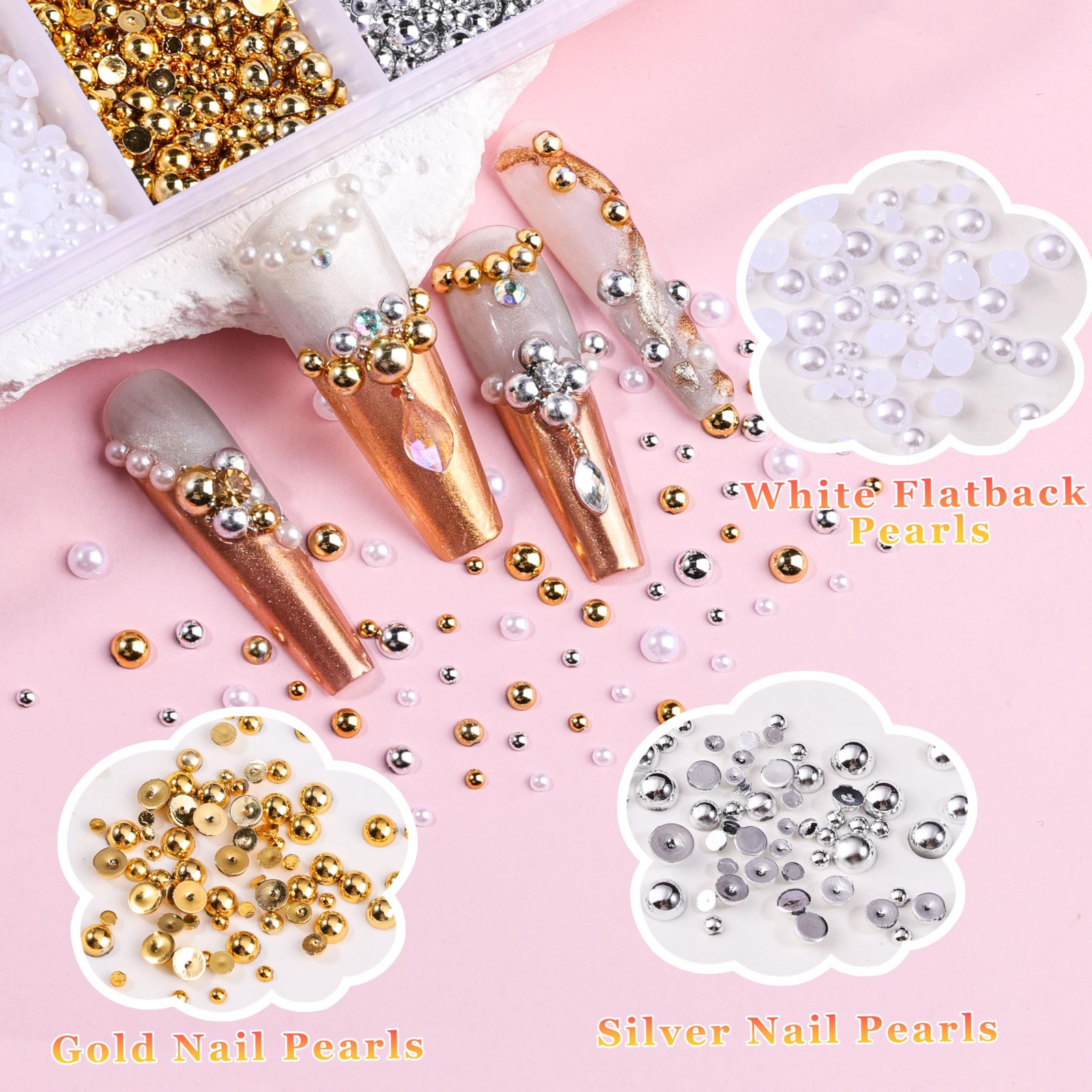 8000Pcs 3D Nail Charms and Nail Gems, Mixed Shapes and Colors Nail Charms Gol…
