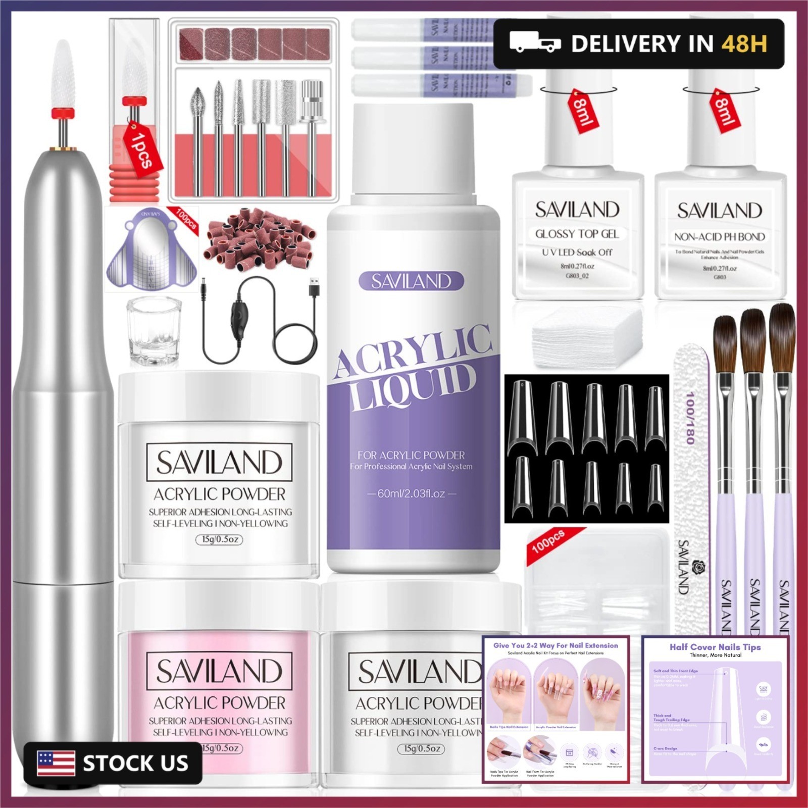 SAVILAND Acrylic Nail Kit with Drill: 15g White Pink Clear Acrylic Powder and Li