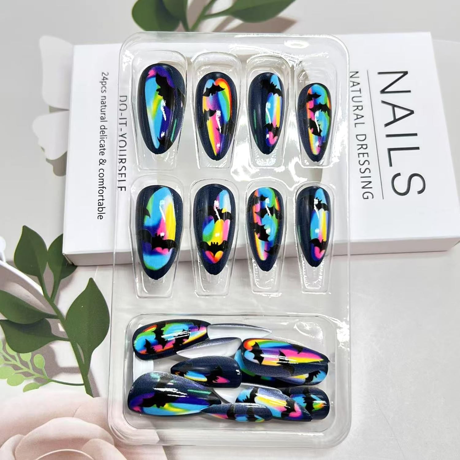 Rainbow Halloween Press on Nails Medium Almond Fake Nails Halloween Black Bat…