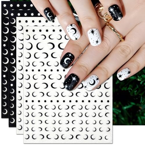 Moon Nail Art Stickers – Black White Moon Self Black White Moon, 4 Sheets