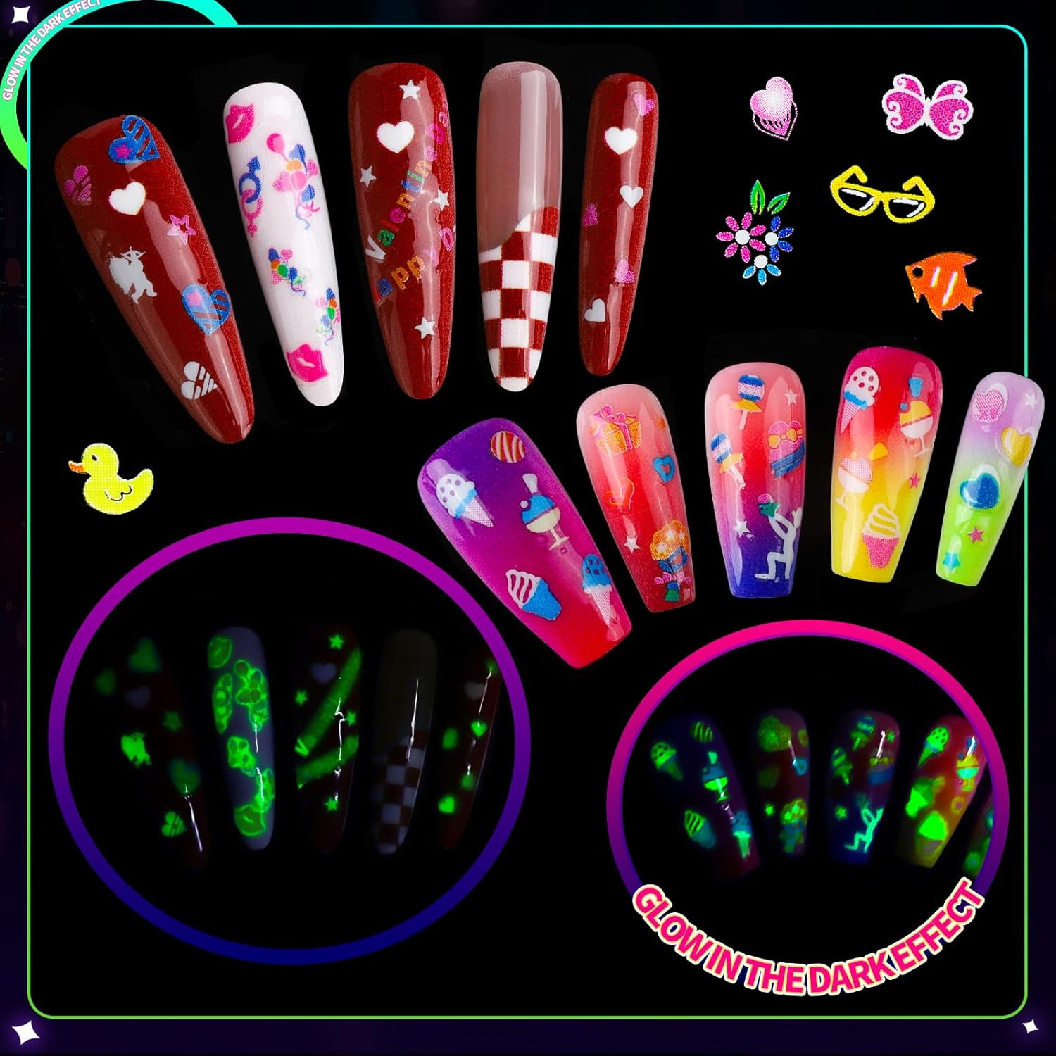 50 Sheets Glow in the Dark Nail Stickers for Kids, Girls Flower Nail Art Sticker