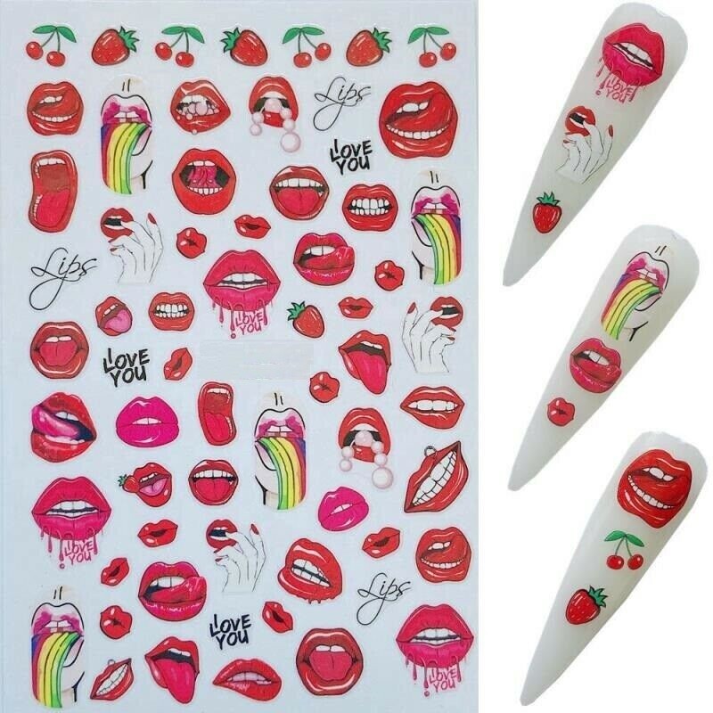 Nail Art 3D Decal Stickers Sexy Red Lips Tongue Lollipop Rose Heart Rainbow NH10