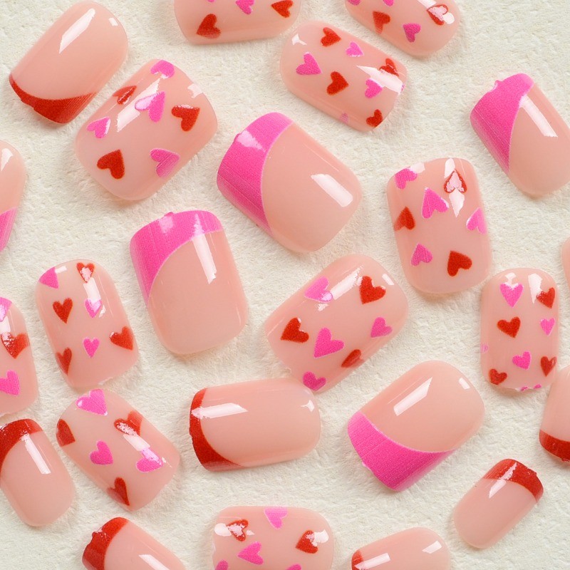 48PCS Cute Pink Gradient Red Heart Nail Removable Reusable Fake Nail Art