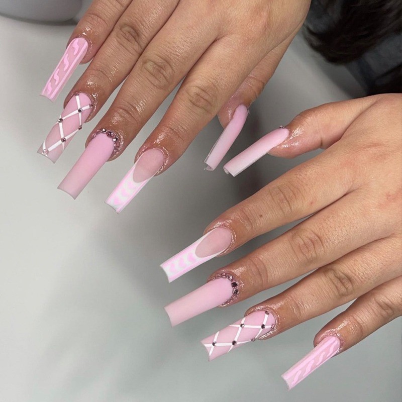 Press on Nail -Sweet Cool Pink White, Extra Long Square Fake Nail, 48 Piece Set