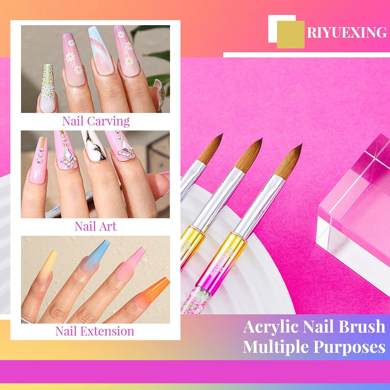 3PCS Acrylic Nail Brush Set, 8/12/14. Kolinsky Nail Art Brushes for Acrylic Appl
