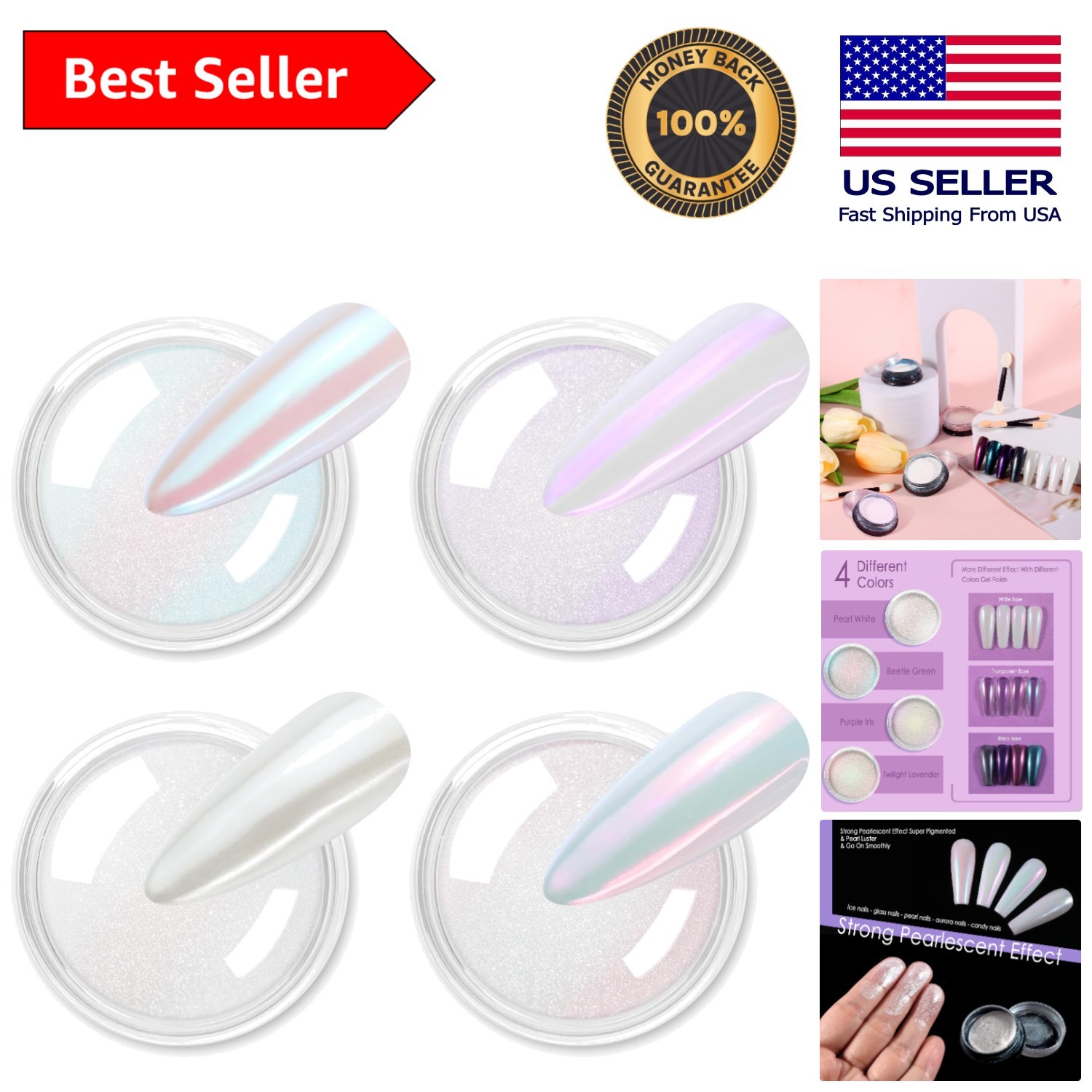 Luxury Nail Art Glitter Powder – 4 Iridescent Metallic Shades for DIY Elegance