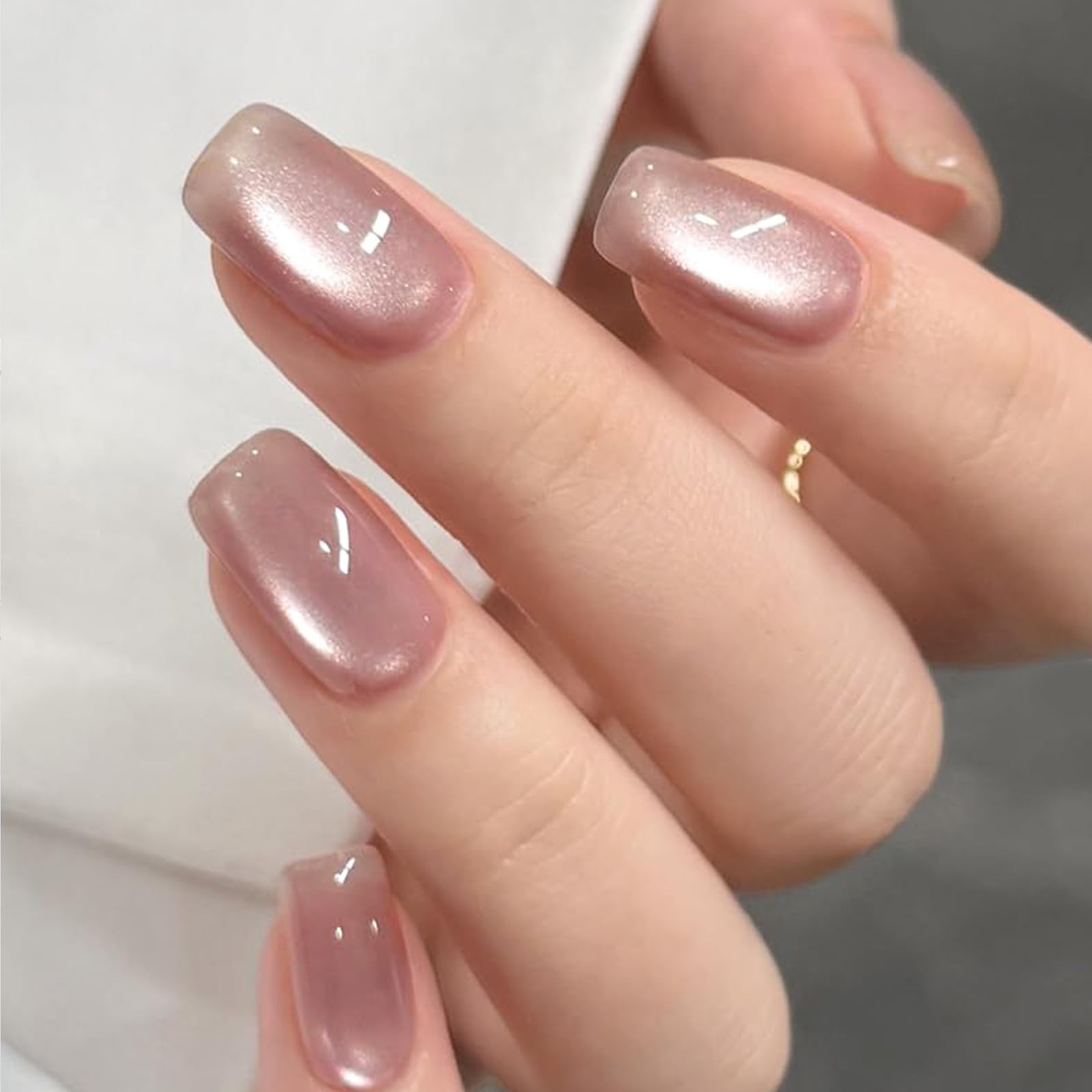 Sparkling Bare Pink Press on Nails Square Medium Shiny Glitter Nude Pink Fals…