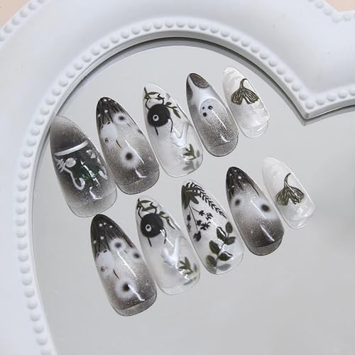 24pc Medium Almond Stiletto Black Gothic Press On Nails Glue On Fake Nails