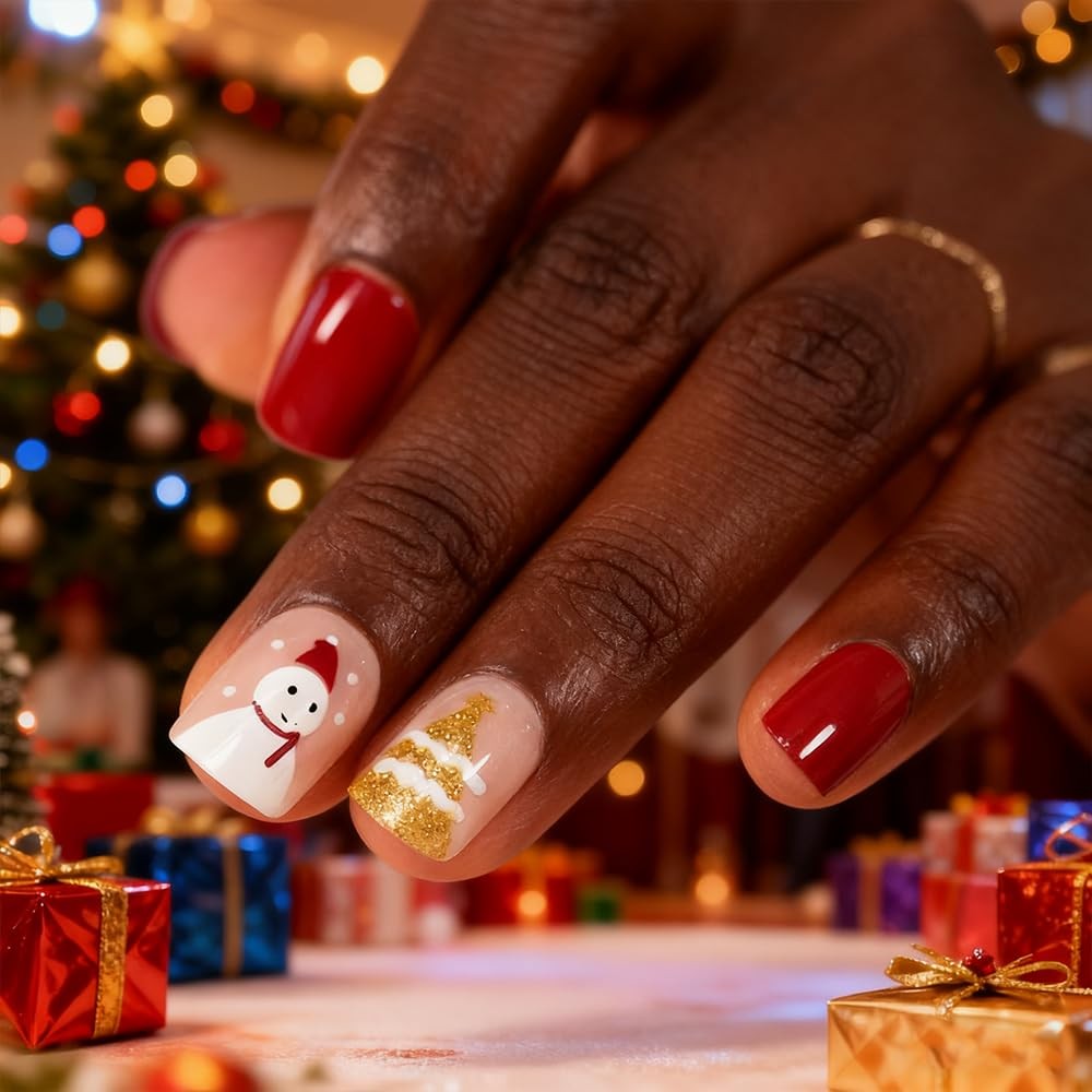 Christmas Snowman Press On Nails with Pre-design Golden Glitter Tree Short Sq…