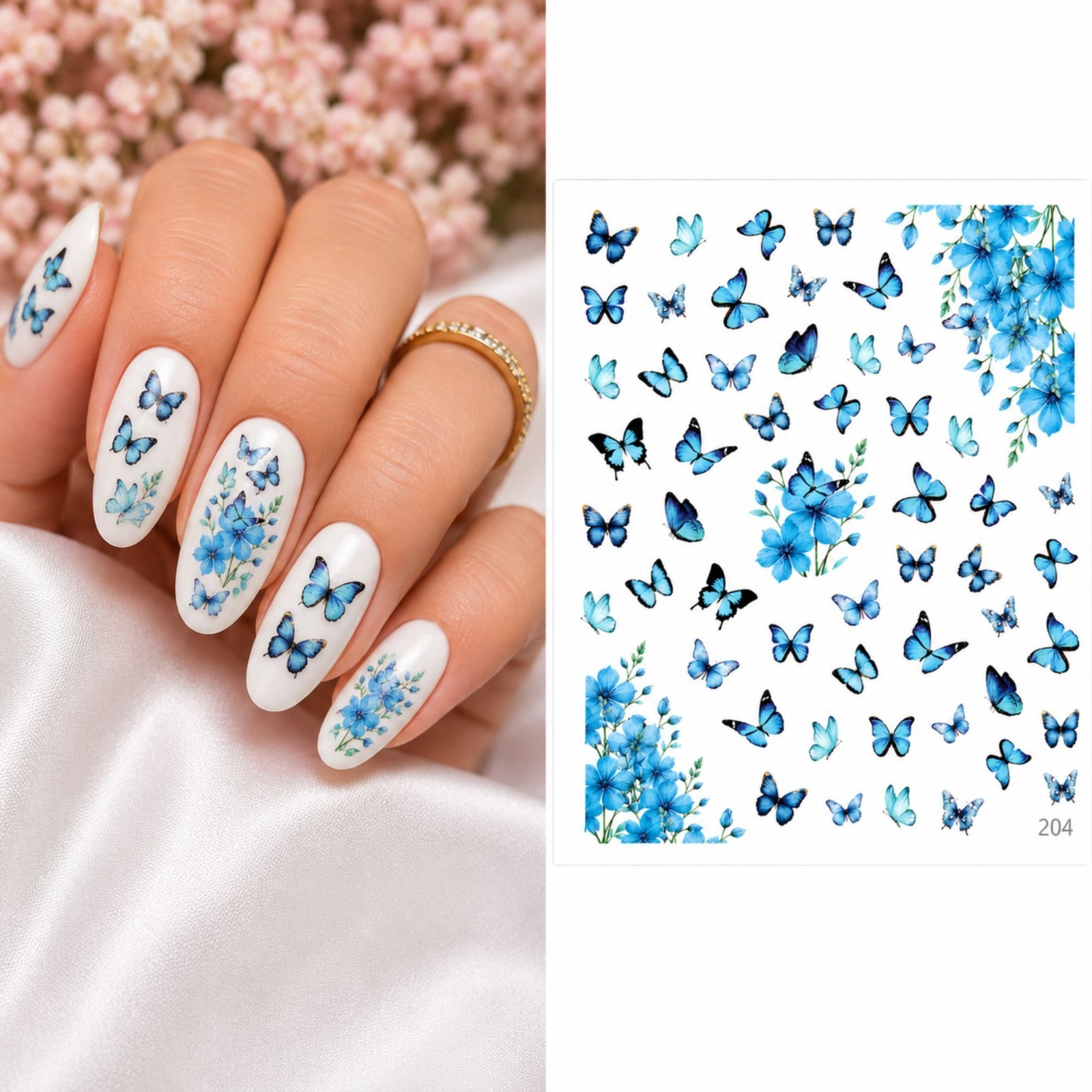 Blue Butterfly Spring Flower Nail Art Water Transfer Decal DIY Nail Floral Decor