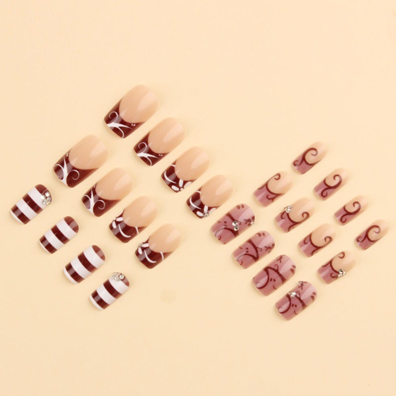 48pcs-Vintage Swirl Press on Nails, Medium Coffin Pink Brown Striped False Nails