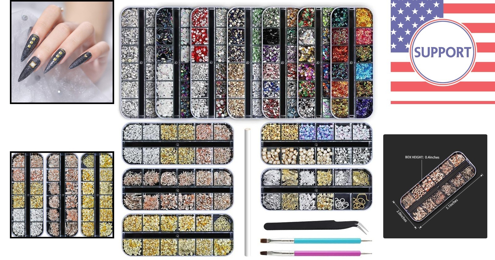 Deluxe 12-Box Nail Art Rhinestones with Tweezers & Pens for Creative Designs