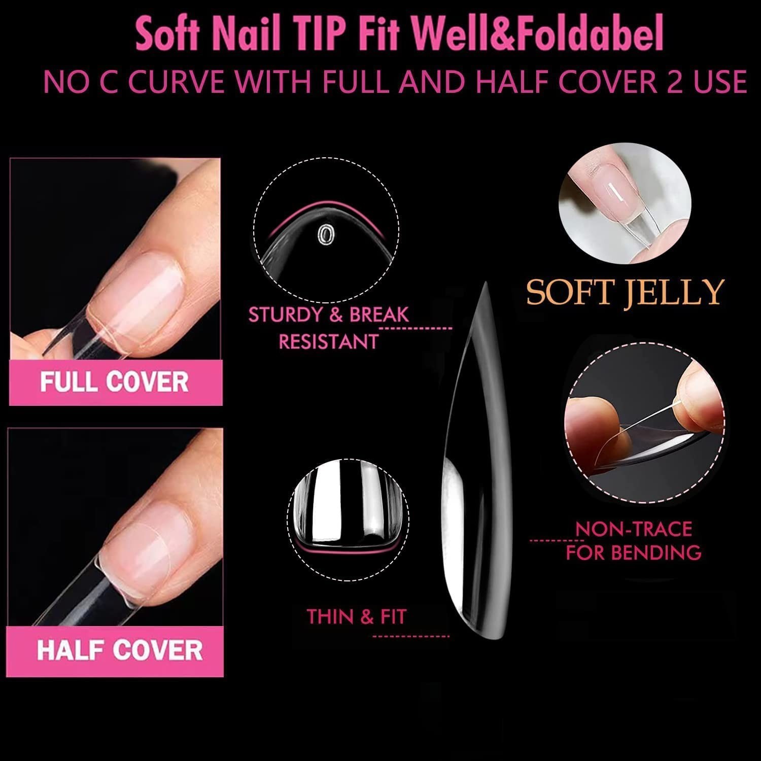 UNA GELLA Almond Gel Nail Tips 504PCS, Medium Clear Full Cover Soft Press On