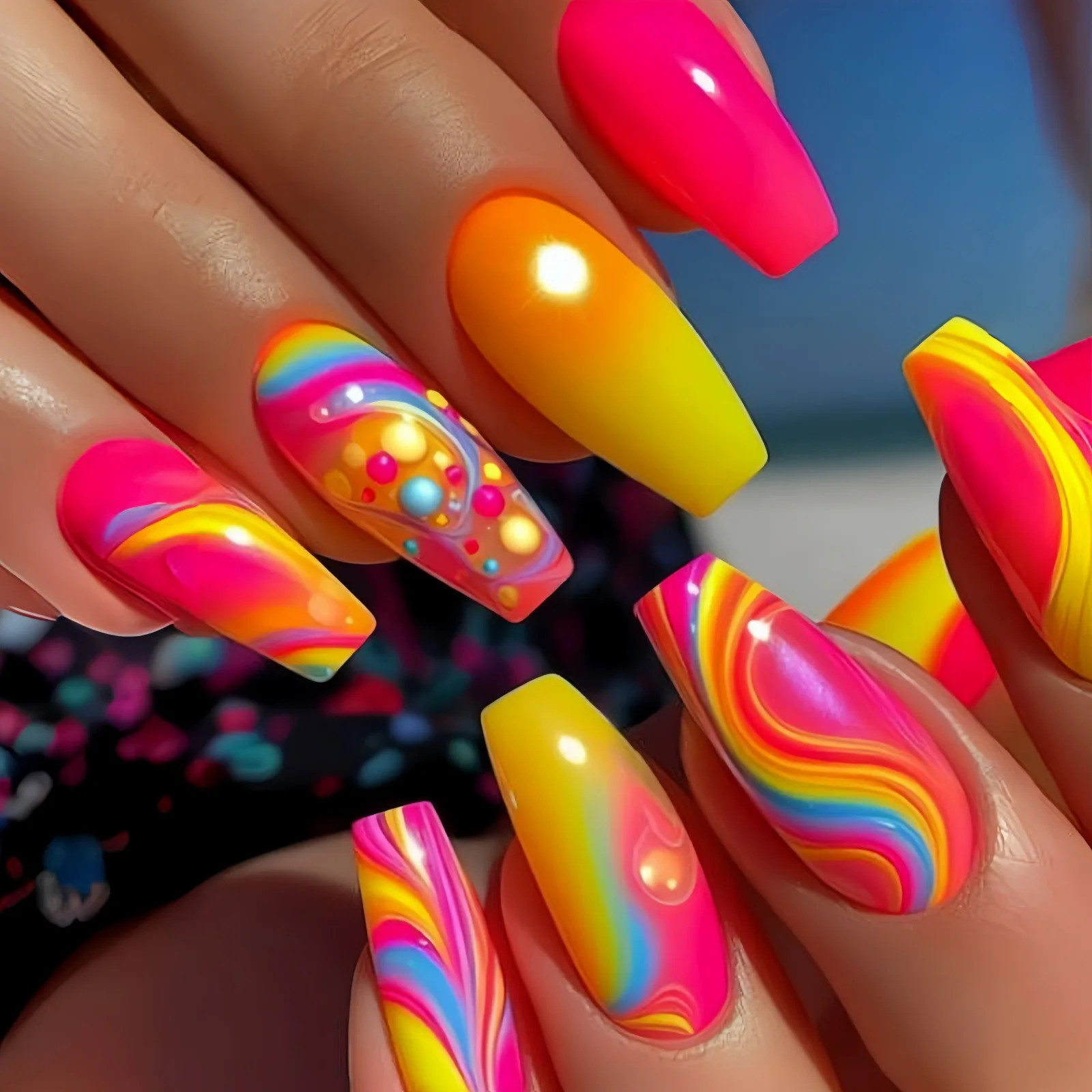 Y2K Press On False Nails 24pcs Set Sunset Heart Leopard Print Short Medium Long
