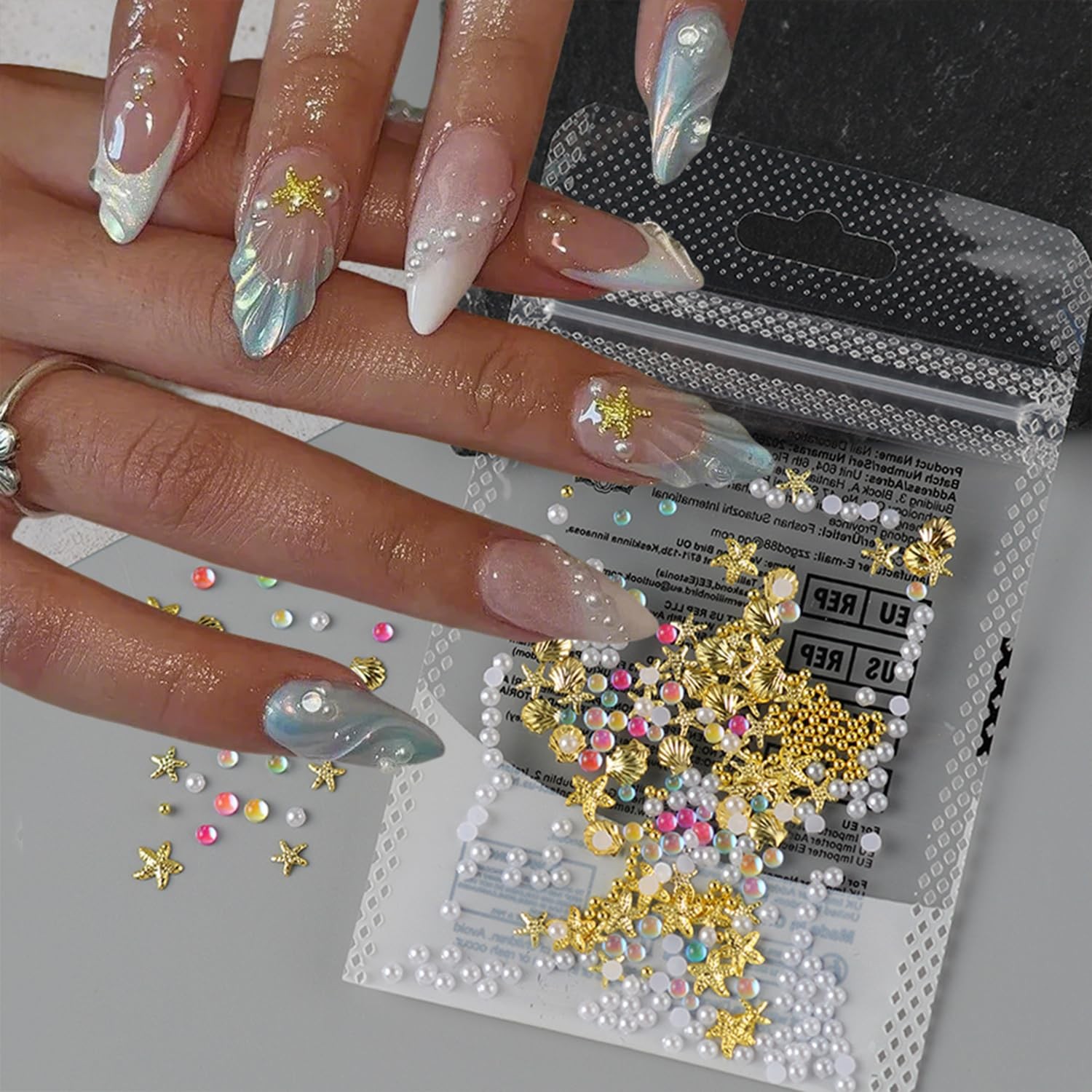 Summer Ocean Nail Studs 3D Gold Starfish Sea Shell Nail Art Charms with Pearl…