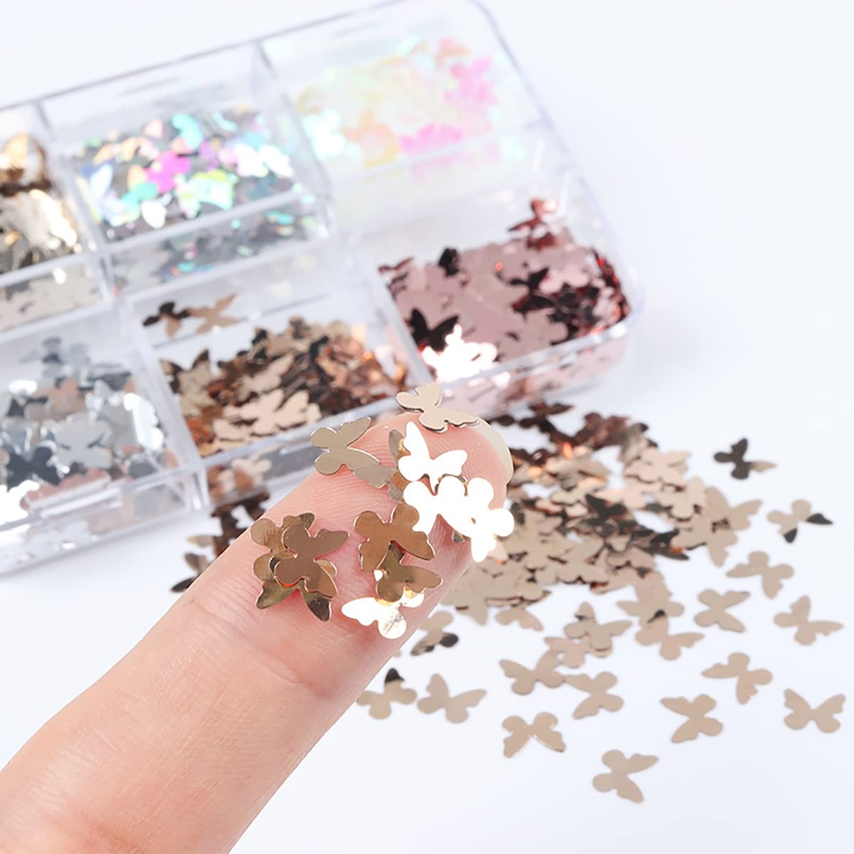 6 Grids Holographic Butterfly Nail Art Glitter Sequins 3D Sparkly Laser Butte…