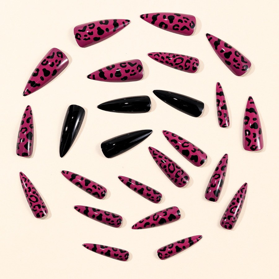 48pcs Stiletto Press on Nails, Hot Pink Leopard Print Solid Black Trendy Nails