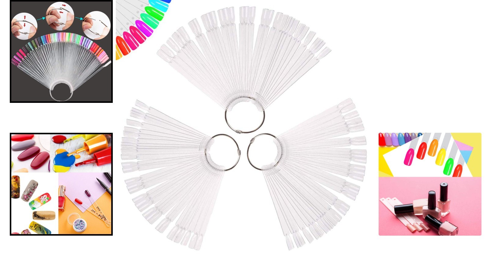 Transparent Nail Polish Swatch Board: 150 Durable Fan Shaped Sticks & Rings