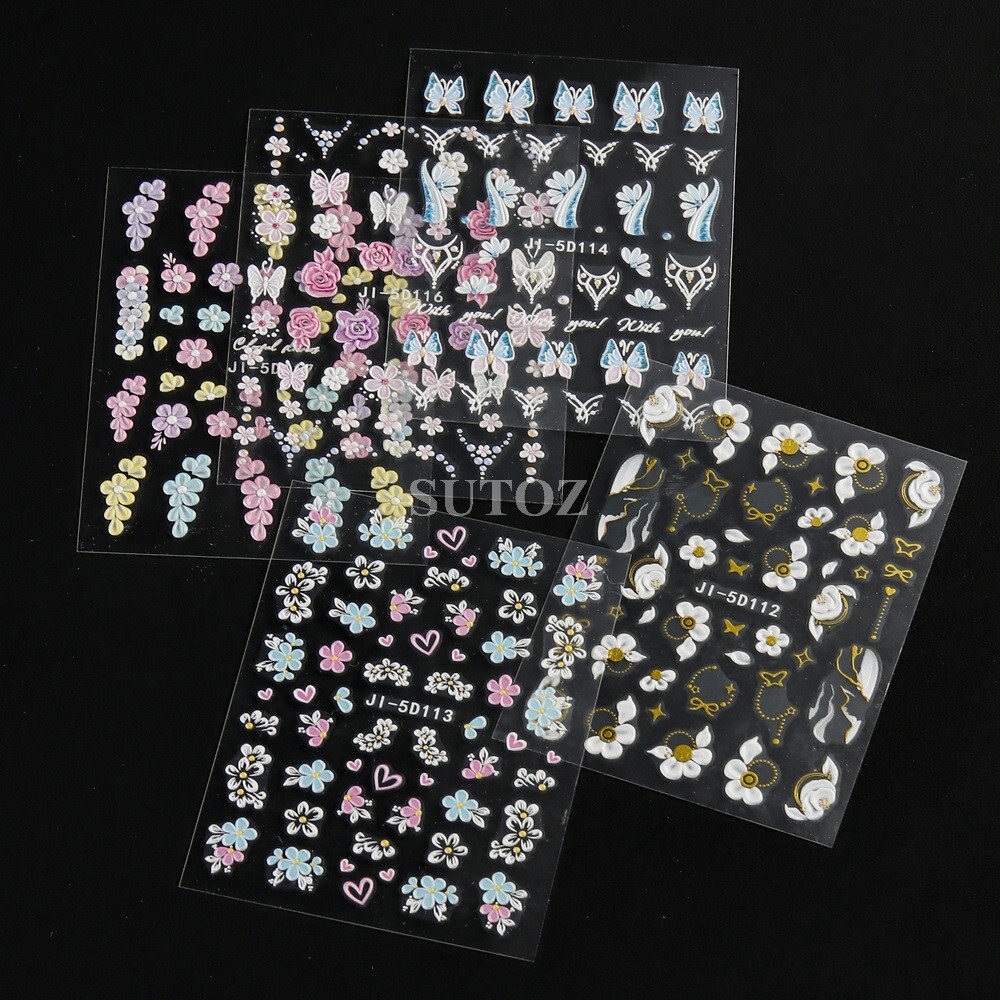 5D Embossed Daisy Rose Butterfly Camellia Flower Nail Art Stickers Self-adhesive