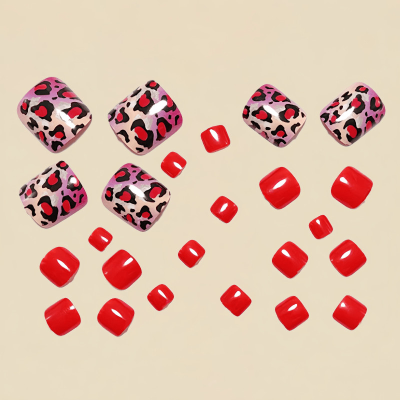 48P Short Square Toe Press on Nails,Red Base Heart & Leopard Print Fake Toenails