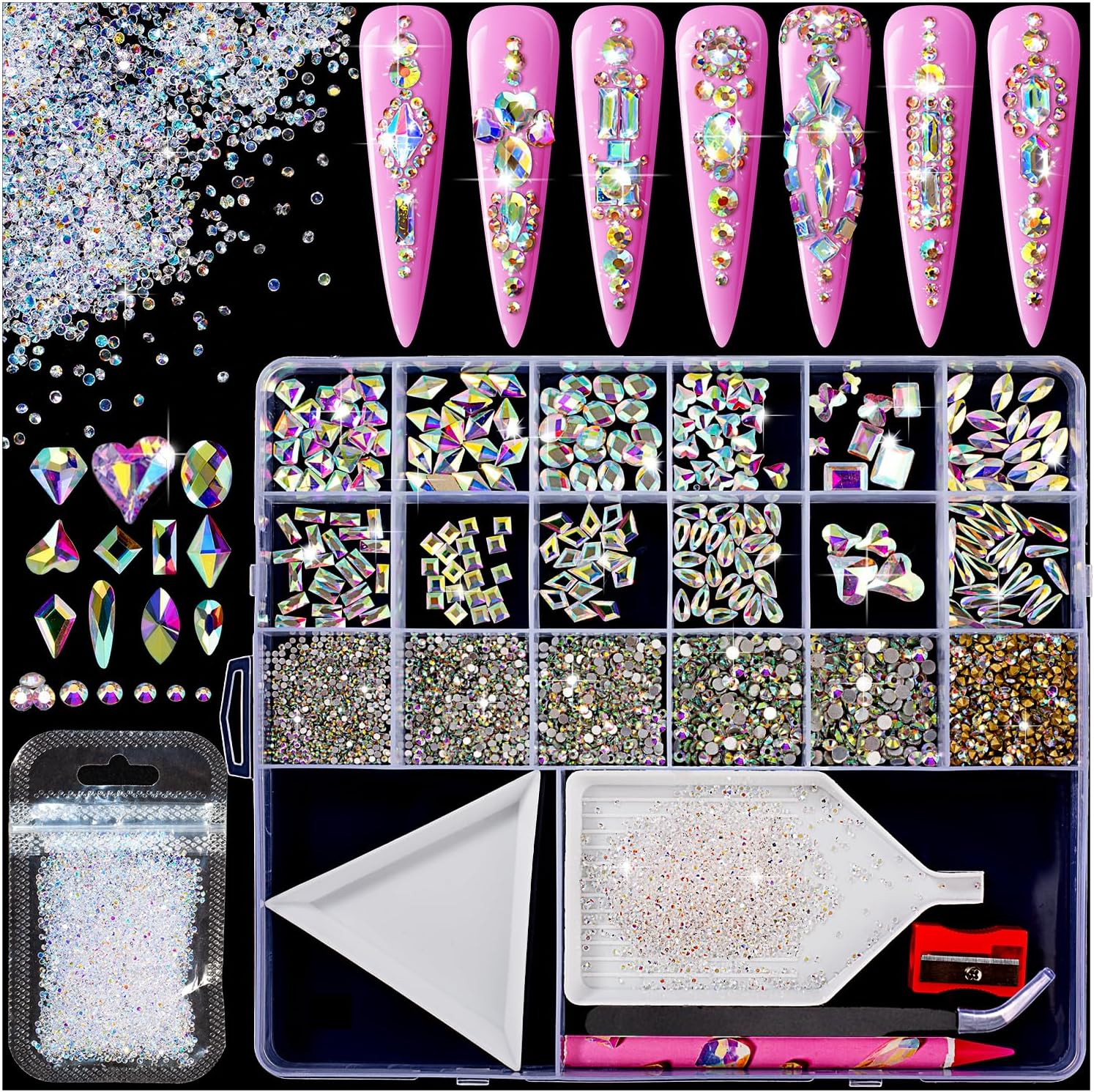 8000pcs Nail Gems and Rhinestones for Nails Art, 240 Shaped Glass AB Crystals Na