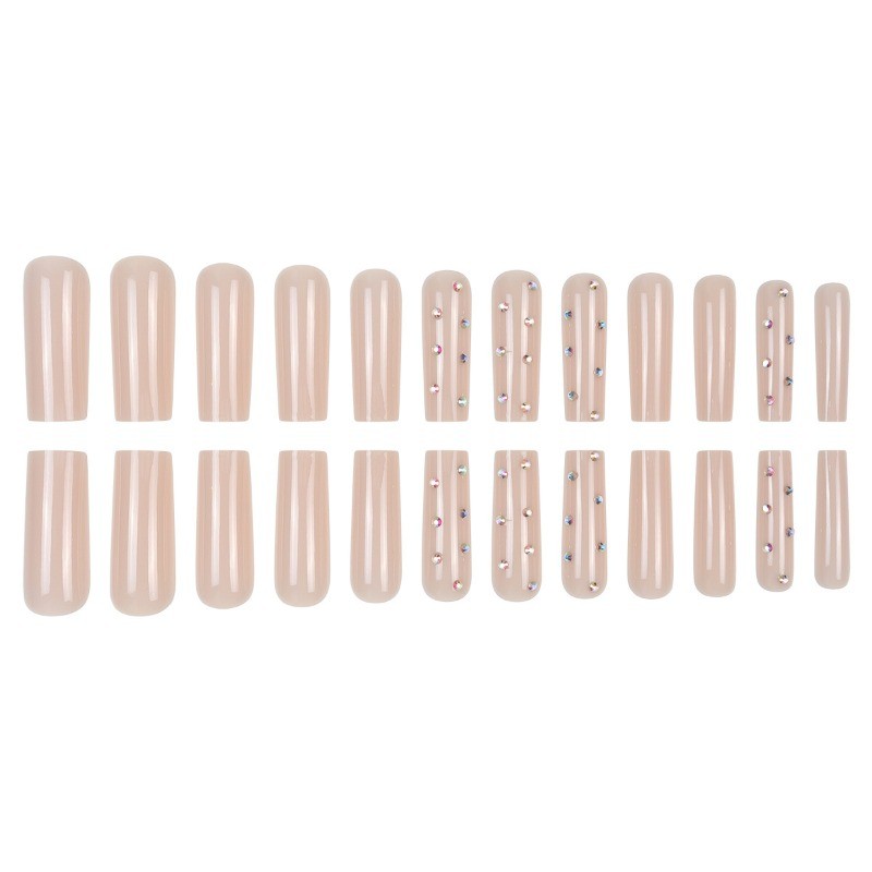 48pcs-Simple Nude Press on Nail, Extra Long Coffin with Scattered Clear Crystals