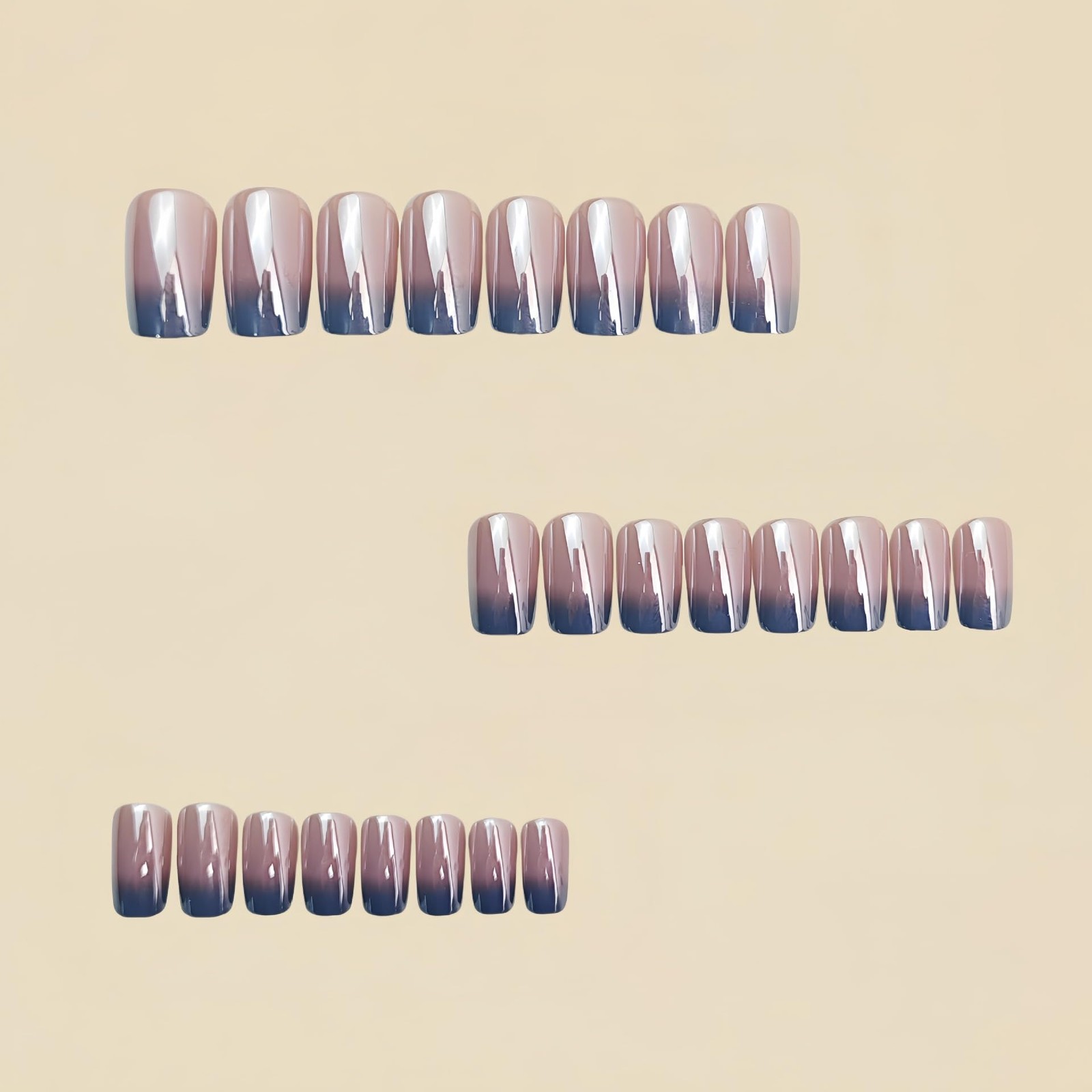 Blue Ombre Press on Nails Medium Square Fake Chrome Medium, Style 13