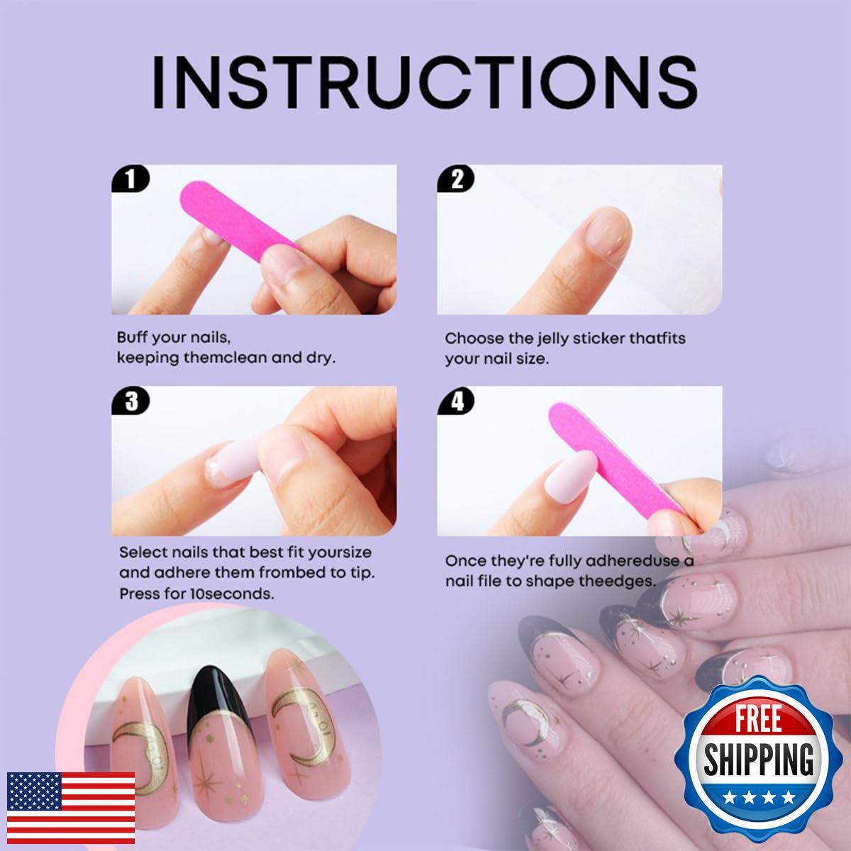 24Pcs Black French Tip Press on Nails Medium Almond Fake Nails with Stars Moon