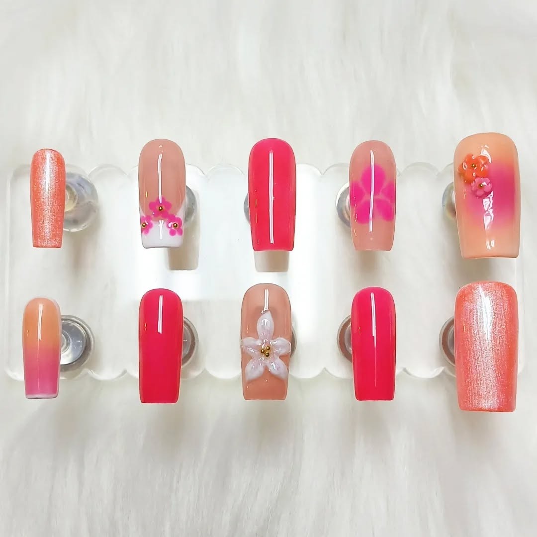 Pretty In Pink Custom Press On Nails – Orange & Pink Hibiscus