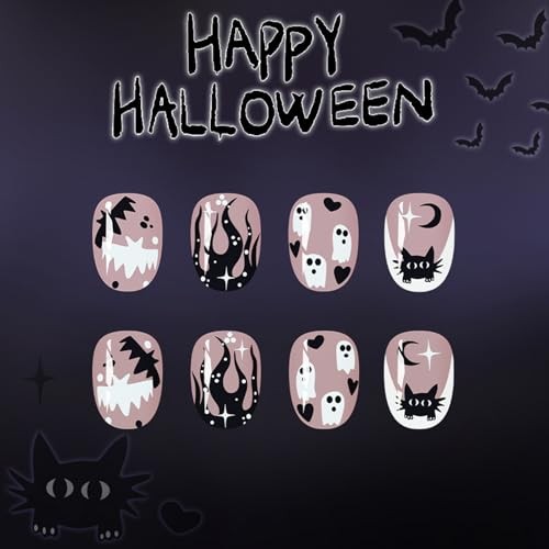 Halloween Press on Nails Short Oval Fake Nails White French Halloween Nails-8
