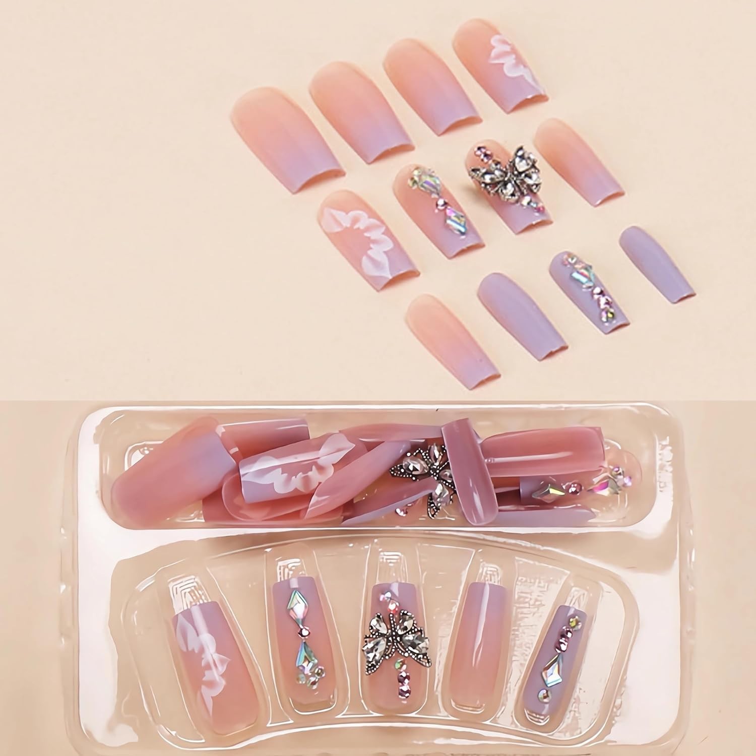Uñas Postizas decoradas Acrílicas Falsas 24pack Colores French Butterfly
