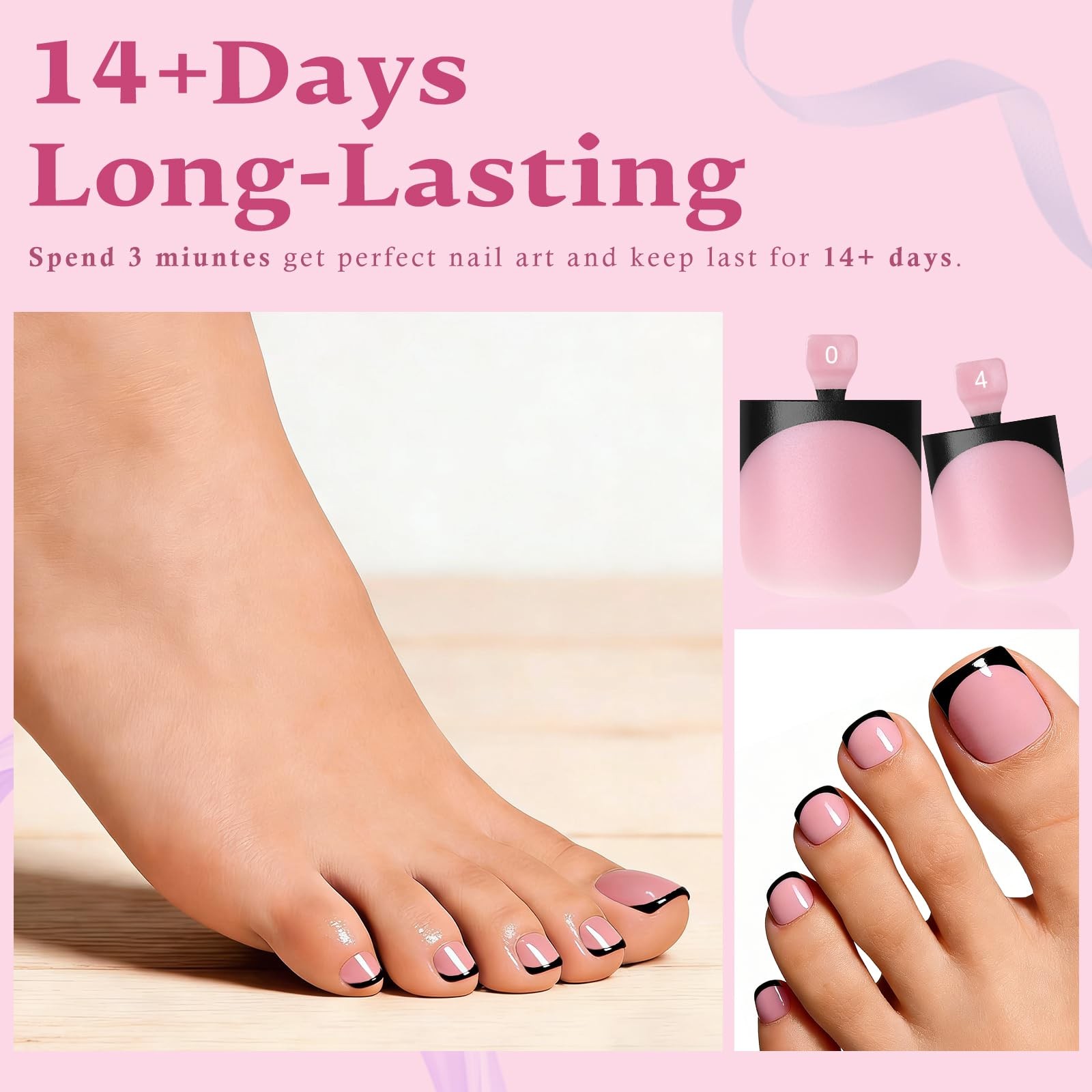 180pc Black French Tip Press on Toenails with Glue, French Tip Toe Nails Pres…
