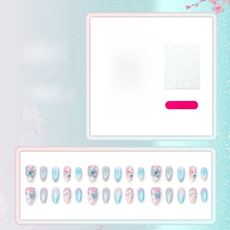 60pcs-Press on Nails Light Blue Ombre 3D Butterfly Flower Almond Nail Art Set