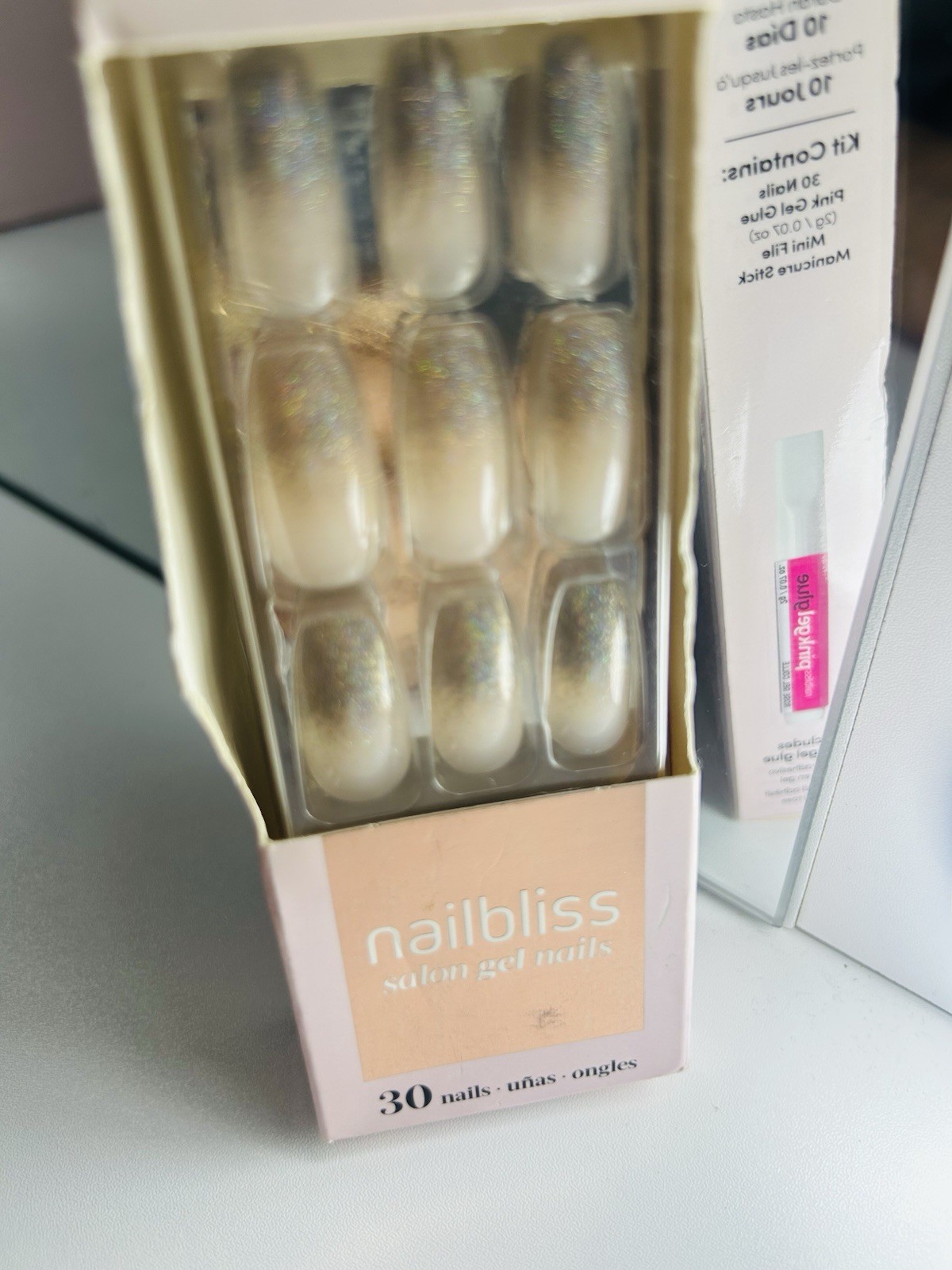 nailbliss Press-On Nails Long Square Silver Beige Ombre Glitter 30 GN20