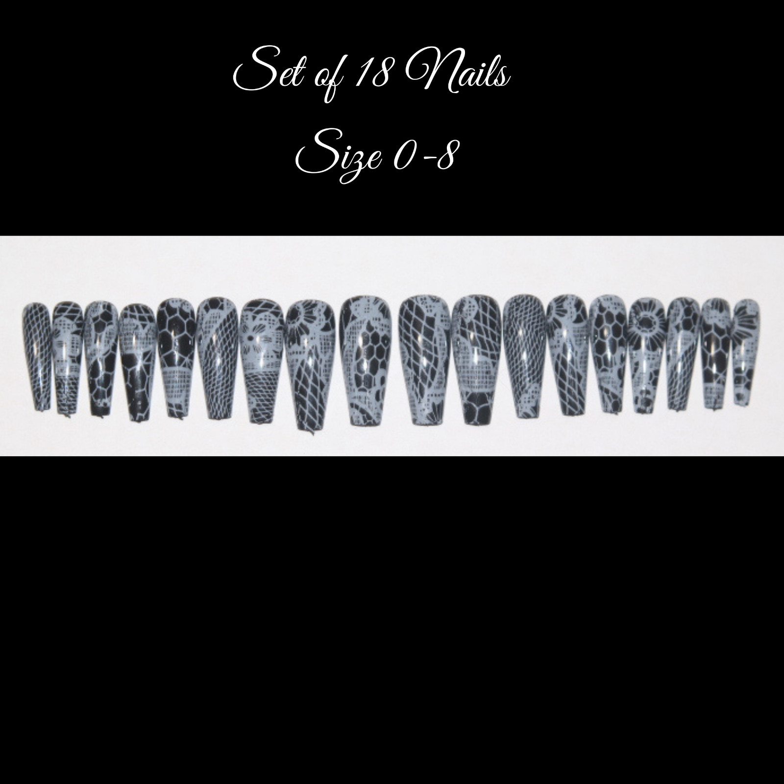 Black nails with white lace- press on nail set- (Set of 18 sizes 0-8)