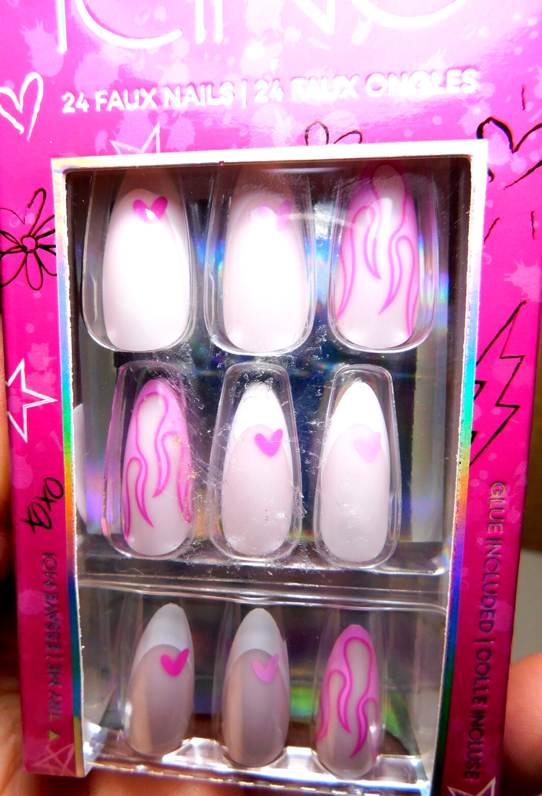 CBI Distributing Corp~Icing 24 Faux Nails Vegan BH.AN Pink & White Hearts&Flames